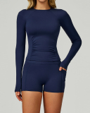 Woman OEM Long Sleeve Slim GYM T-shirt Side Pocket Shorts Yoga Two-piece Sets S-XL
