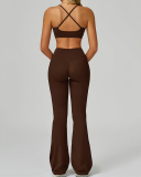 Women Sports Sling Criss Cross Back Bra High Waist V Waist Wide Leg Pants Two Piece Sets S-XL