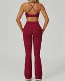 Women Sports Sling Criss Cross Back Bra High Waist V Waist Wide Leg Pants Two Piece Sets S-XL