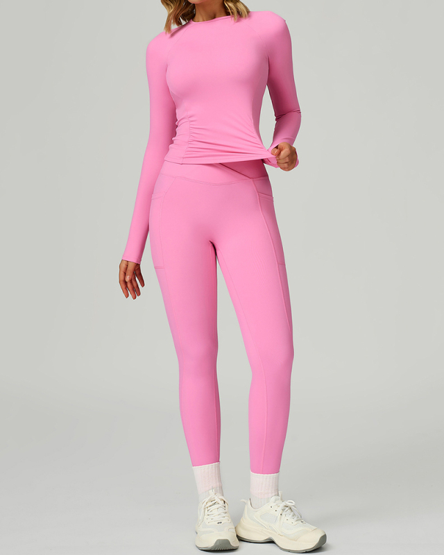 Women Add Logo Long Sleeve GYM Slim T-shirt High Waist Leggings Yoga Two-piece Sets S-XL