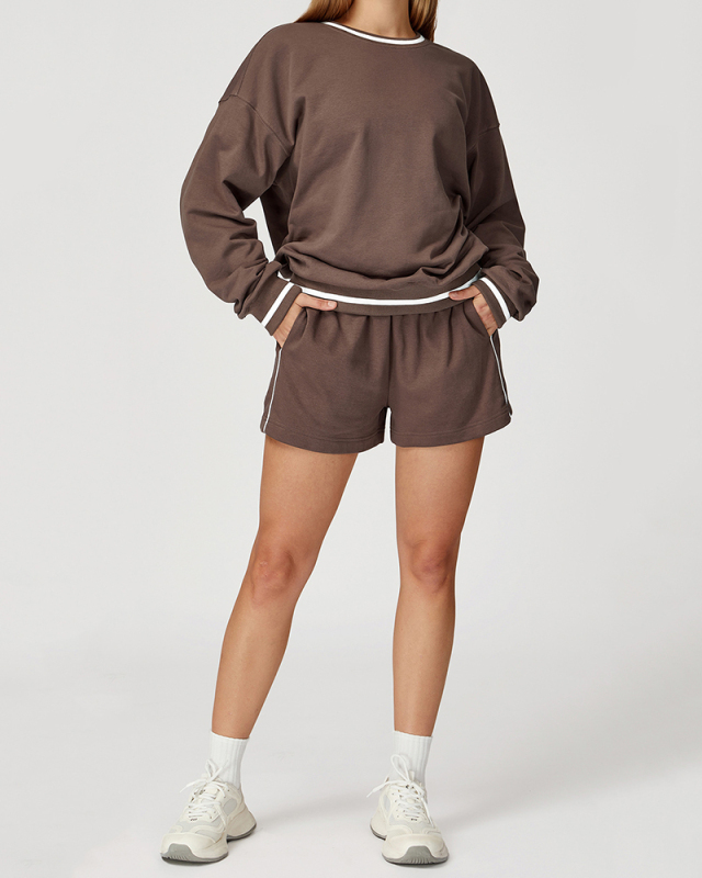 Women Long Sleeve Colorblock Sweatshirt Sweatshorts  Fitness Casual Wear Outdoor Running Two-piece Sets S-XL