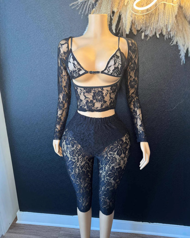 Black Lace Wholesale Women Two Piece Short Set S-L