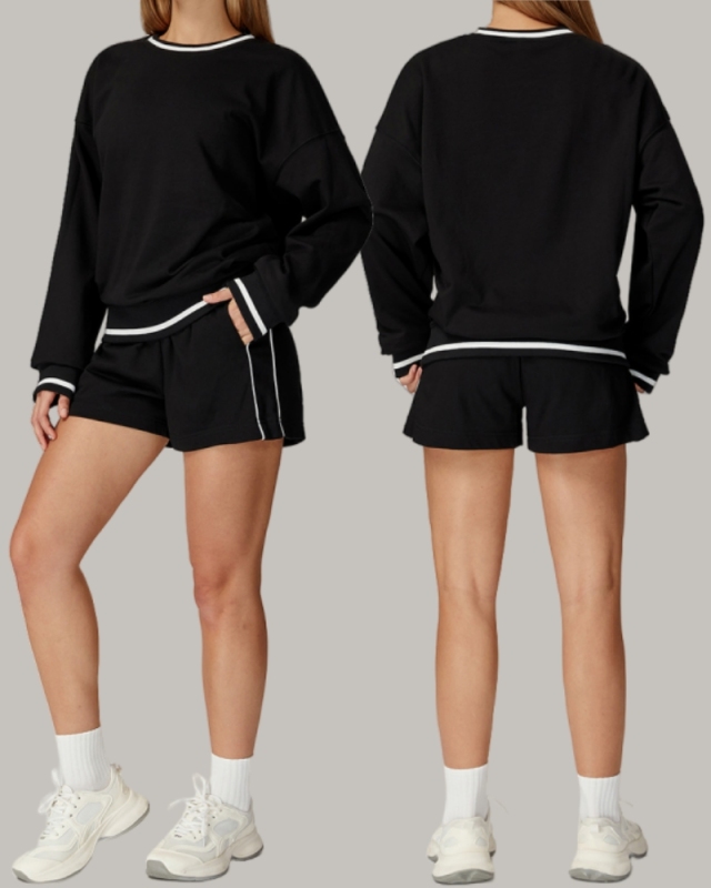 Women Long Sleeve Colorblock Sweatshirt Sweatshorts  Fitness Casual Wear Outdoor Running Two-piece Sets S-XL