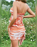 Summer Orange Printed Lovely Two Piece Skirt Set XS-L