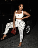 White Printed Leisure Women Two Piece Pant Set S-XL