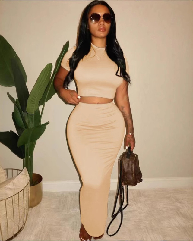 Beige Color Long Slim Girl Two Piece Skirt Set XS-XL