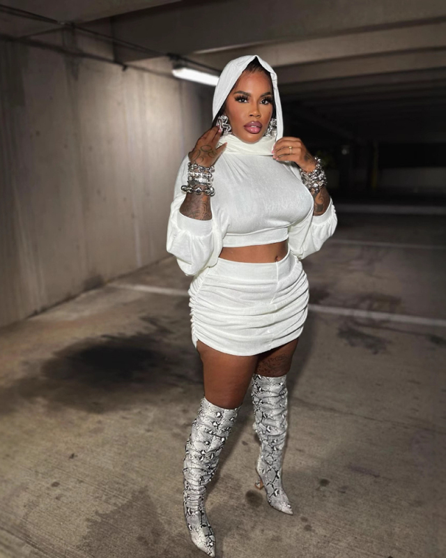 White Long Sleeve With Short Skirts Two Piece Skirt Set S-XXL