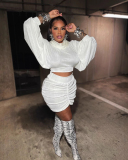 White Long Sleeve With Short Skirts Two Piece Skirt Set S-XXL