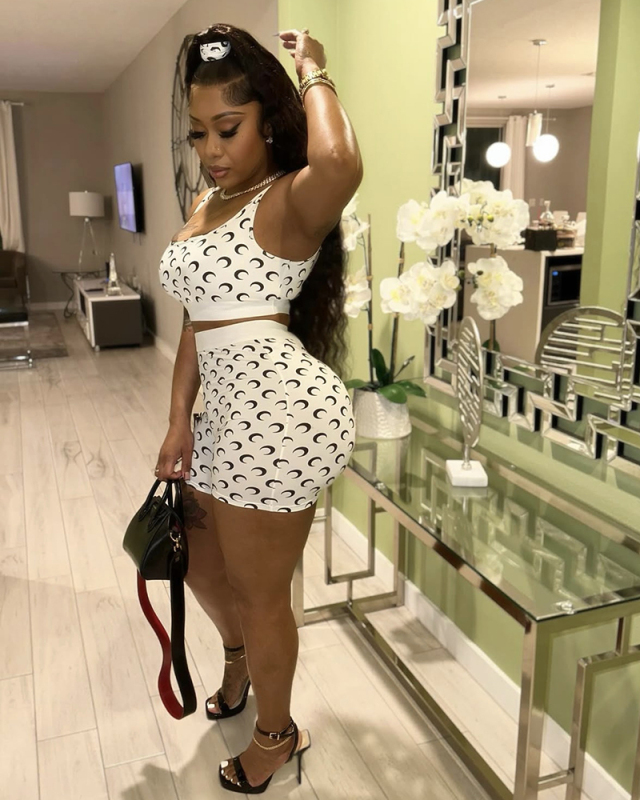 Woman Sexy Moon Printed Vest Shorts Sets White S-XL