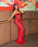Red Lace See Through Women Evening Dress S-L