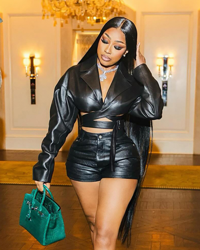 Black Leather Women Cool Two Piece Short Set S-L