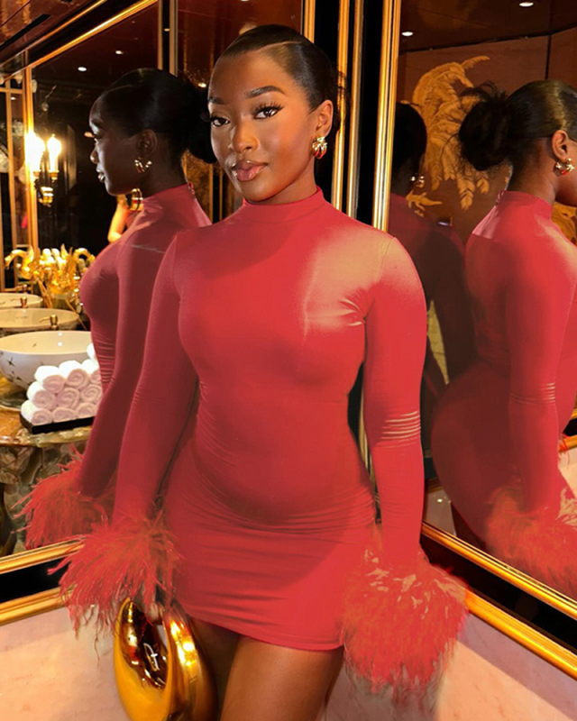 Women Long Fur Sleeves One-piece Dress Pink Black Red S-L