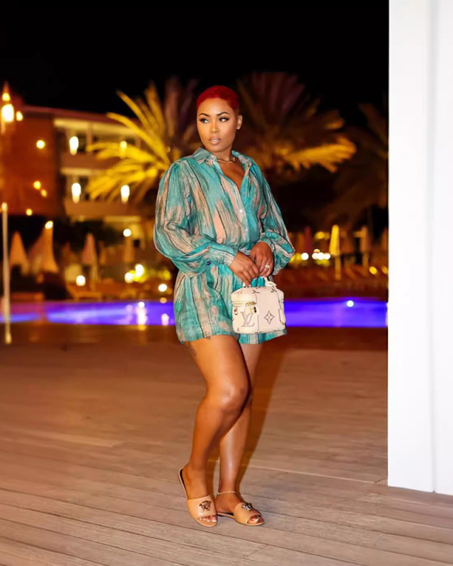 Sky Blue Printed Long Sleeve Women Two Piece Short Set S-XXL