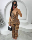 Women Leopard Halter Neck Vest High Waist Wide Leg Pants Two-piece Sets S-L