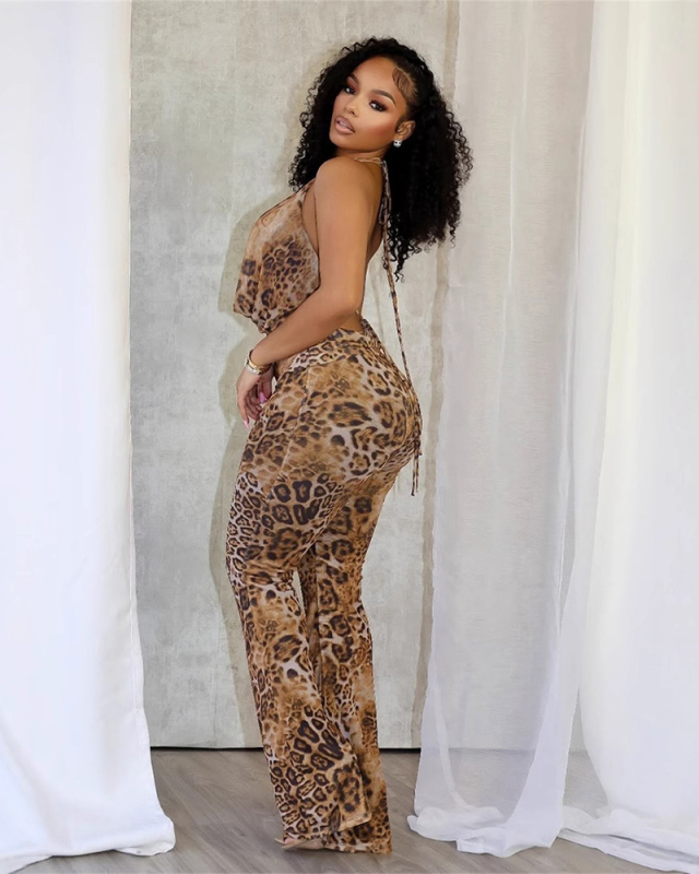 Women Leopard Halter Neck Vest High Waist Wide Leg Pants Two-piece Sets S-L