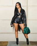 Black Leather Women Cool Two Piece Short Set S-L