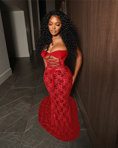 Red Lace See Through Women Evening Dress S-L