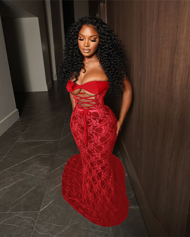 Red Lace See Through Women Evening Dress S-L