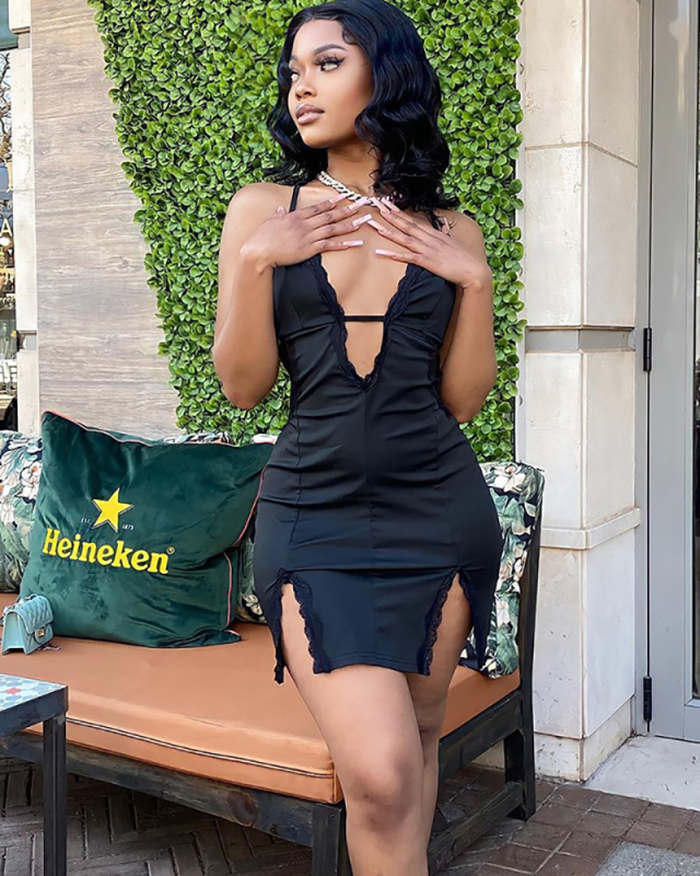 Black Deep V-neck Women Dress S-L