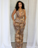 Women Leopard Halter Neck Vest High Waist Wide Leg Pants Two-piece Sets S-L