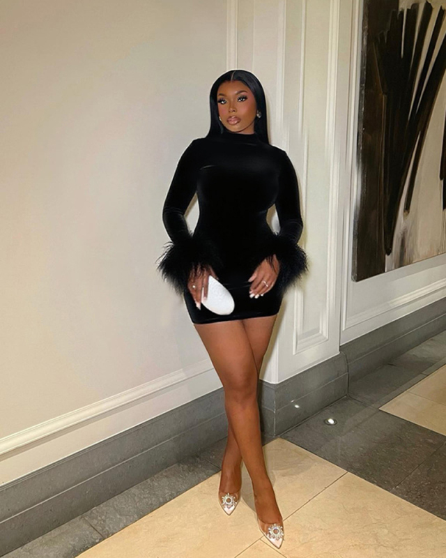 Women Long Fur Sleeves One-piece Dress Pink Black Red S-L