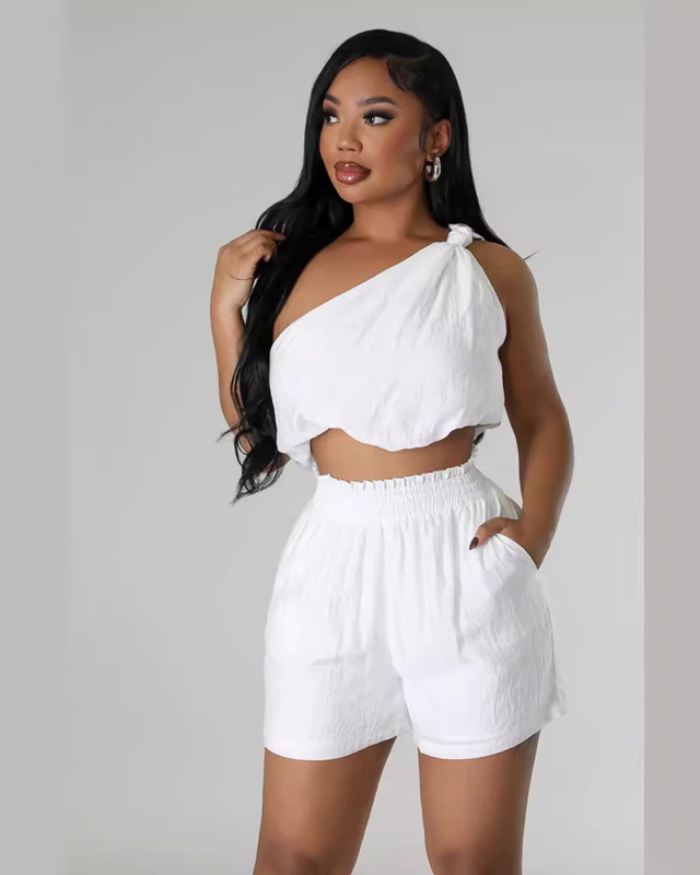 Solid Color Single Shoulder Women Summer Short Set S-XXL