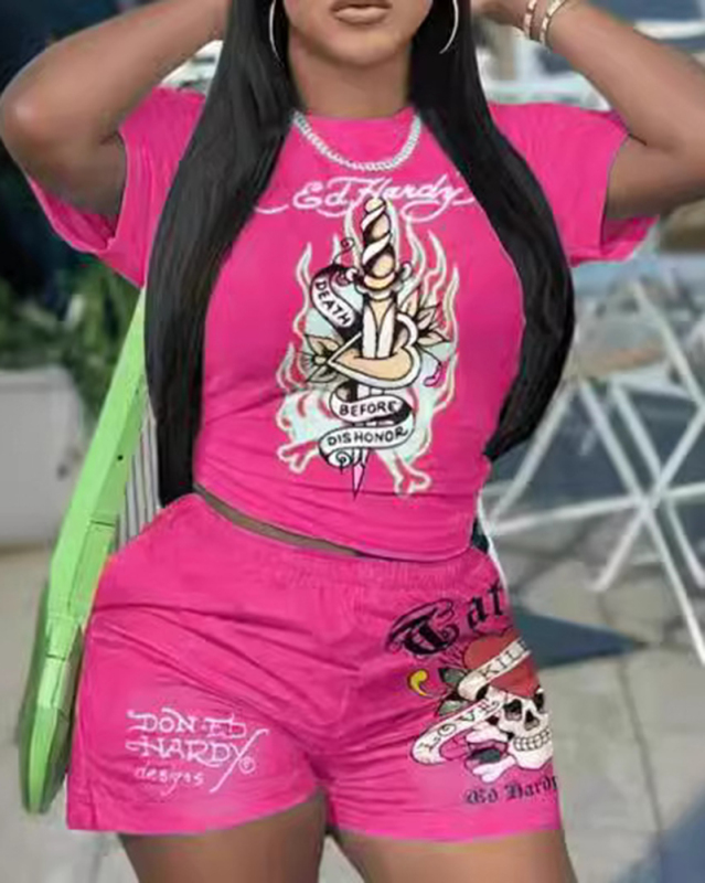 Women Short Sleeve Printed Fashion T-shirt Short Sets Two Pieces Outfit S-3XL