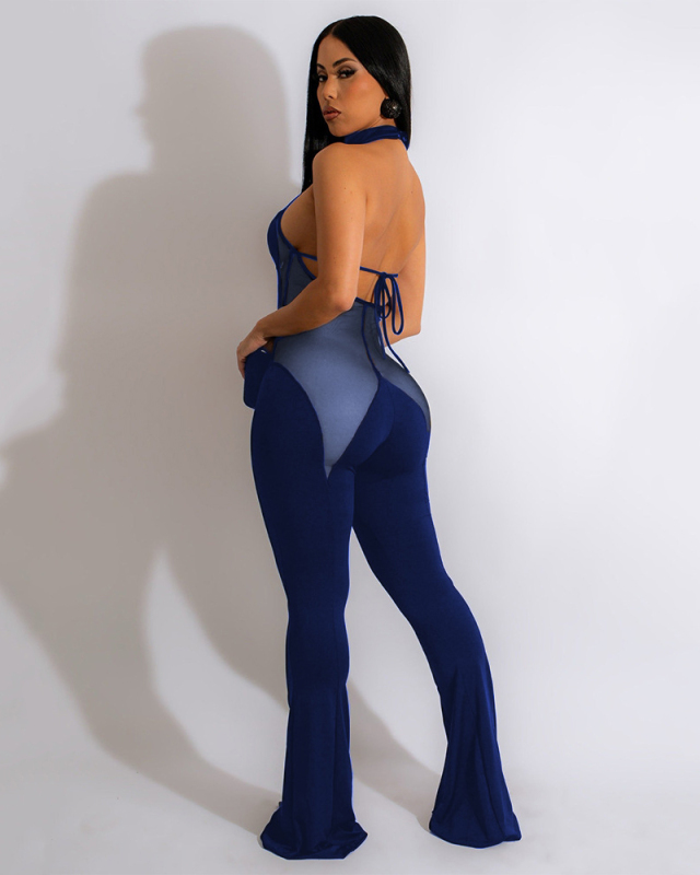 Women Backless Patchwork Wide Leg Jumpsuits S-XL