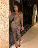 Long Sleeve Leopard Printed Two Piece Short Set S-L