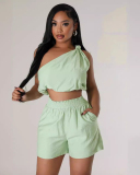 Solid Color Single Shoulder Women Summer Short Set S-XXL