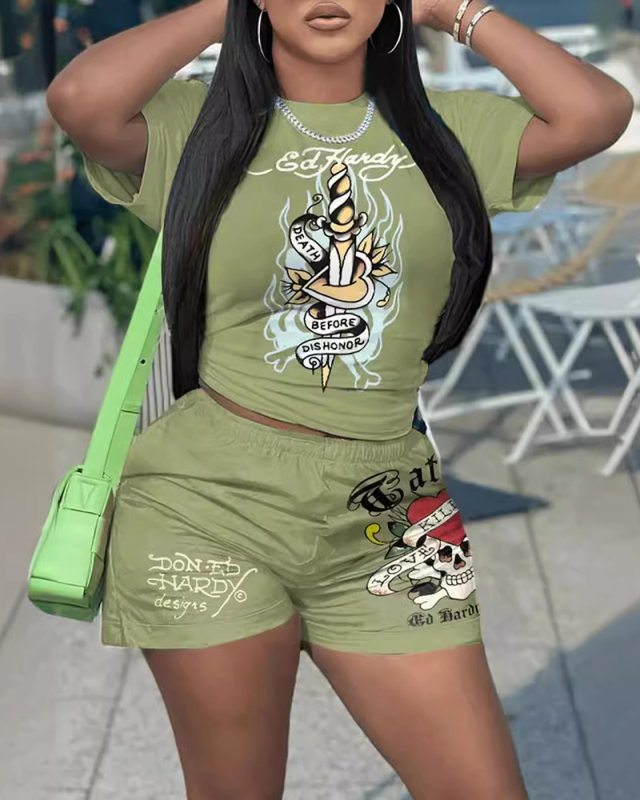 Women Short Sleeve Printed Fashion T-shirt Short Sets Two Pieces Outfit S-3XL