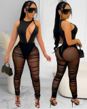 Women Hollow Out Lace Patchwork Sexy Jumpsuits Black S-2XL