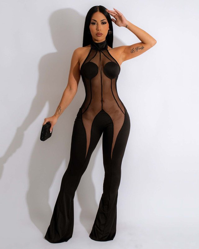 Women Backless Patchwork Wide Leg Jumpsuits S-XL