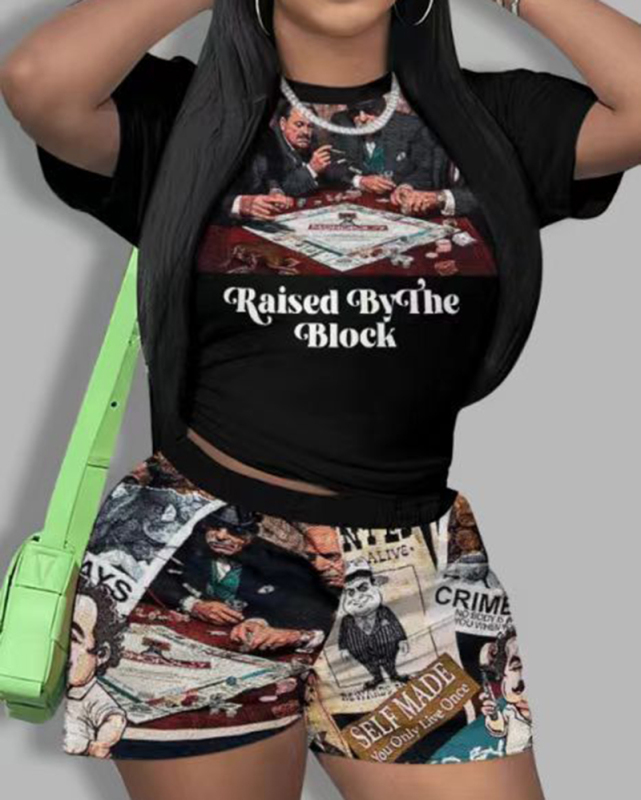 Women Fashion Printed Short Sleeve T-short Short Sets Two Pieces Outfit XS-3XL