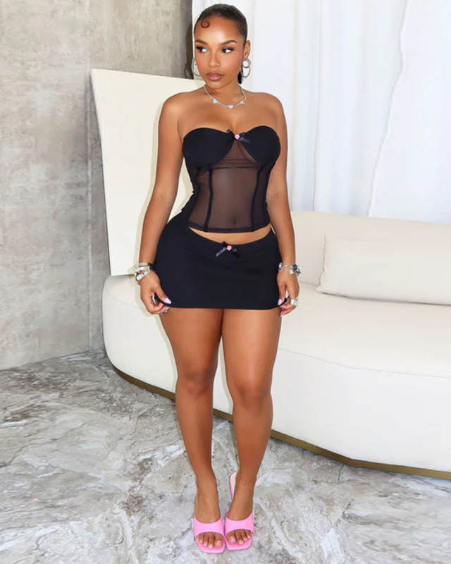 Black Mesh See Through Women 2 Piece Skirt Set S-L