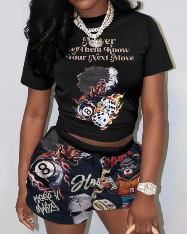 Women Fashion Printed Short Sleeve T-short Short Sets Two Pieces Outfit XS-3XL