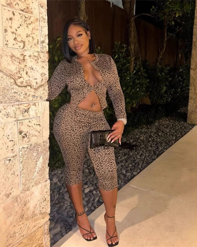 Long Sleeve Leopard Printed Two Piece Short Set S-L