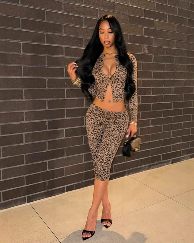 Long Sleeve Leopard Printed Two Piece Short Set S-L