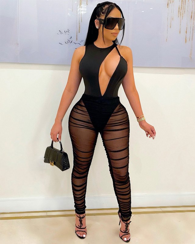 Women Hollow Out Lace Patchwork Sexy Jumpsuits Black S-2XL