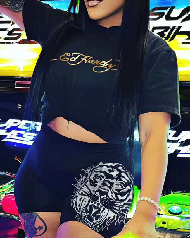 Hot Sale Women Short Sleeve Printed T-shirt Shorts Sets Black White XS-3XL