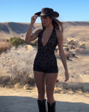 Fashion Halter Deep V Neck Lace Women Rompers Black S-L