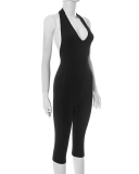 Women Halter Neck Solid Color Slim Backless Jumpsuit S-L