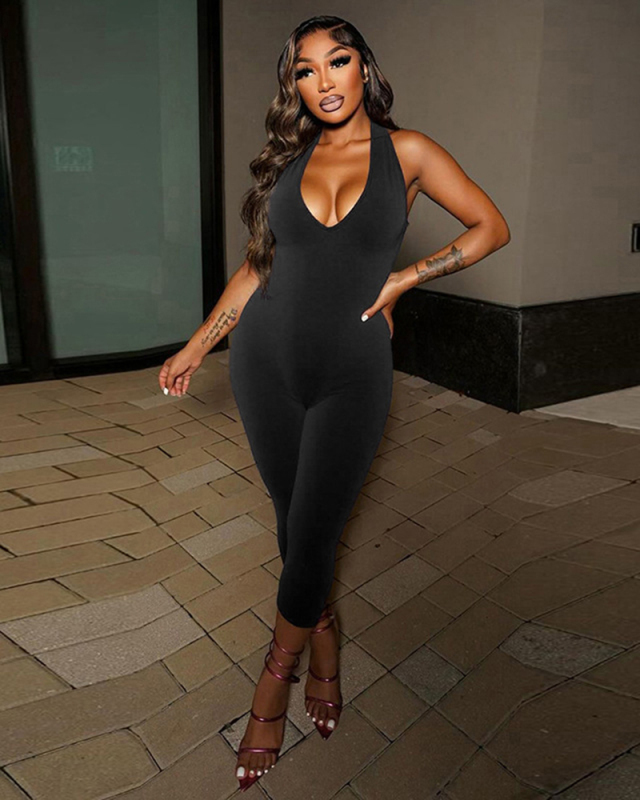 Women Halter Neck Solid Color Slim Backless Jumpsuit S-L