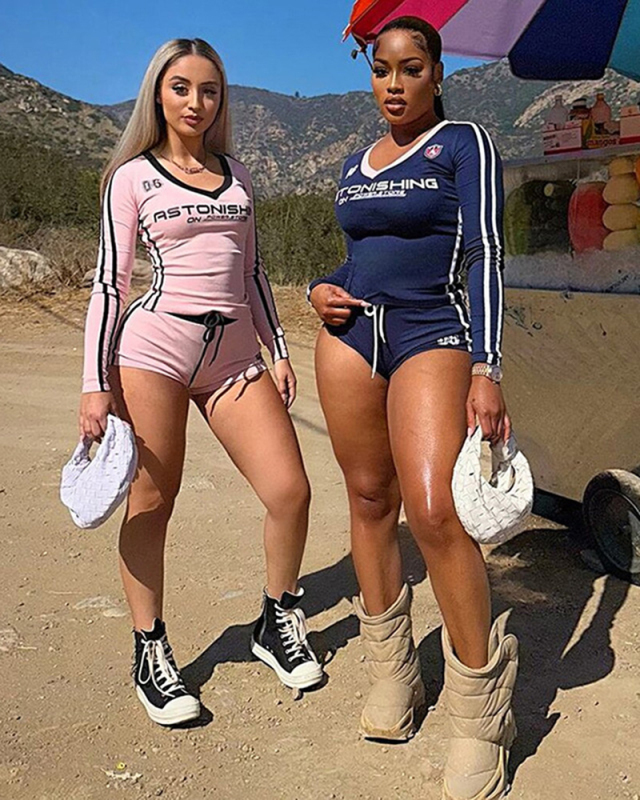 Women Long Sleeve Printed Sports Shorts Two-piece Sets XS-L