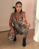 Women Halter Neck Leopard Printed Fashion Jumpsuit S-L