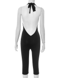 Women Halter Neck Solid Color Slim Backless Jumpsuit S-L