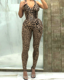 Women Halter Neck Leopard Printed Fashion Jumpsuit S-L