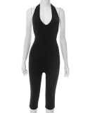 Women Halter Neck Solid Color Slim Backless Jumpsuit S-L