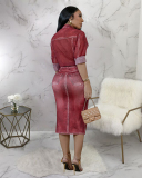 Women Long Sleeve High Slit Sexy Skirt Sets Two Pieces Outfit S-2XL