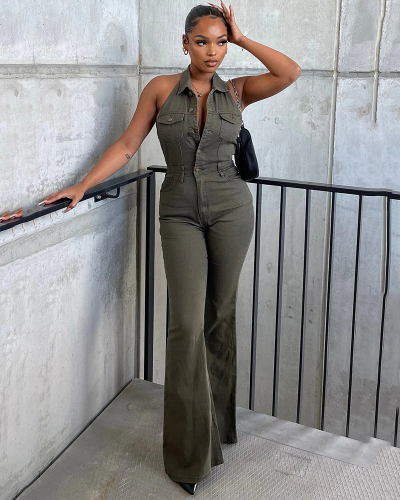 Trendy Women Halter Neck Jeans Pocket Jumpsuits Pink Army Green S-2XL